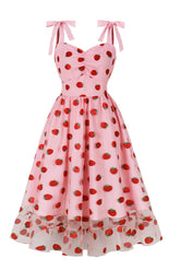 A-Linie Rosa Pin Up Vintage Kleid mit Erdbeerdruck